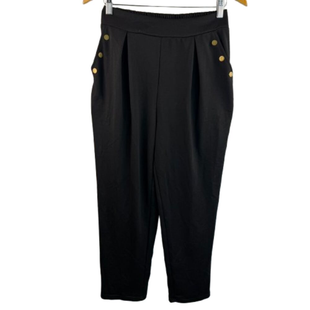NWT Cupshe Black Pleated Pull-On Tapered Gold Snap Detail Dress Pants Size S